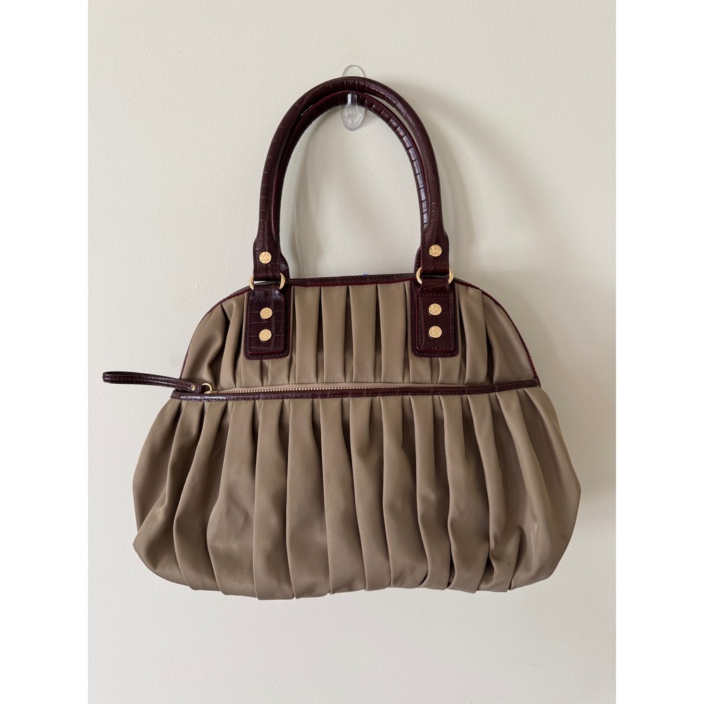 MZ Wallace Olive Green Pleated Nylon Satchel Burgundy Croc Leather Trim Handbag